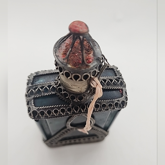 Vintage pair of Moroccan Perfume Bottles Cobalt Blue & green Glass Silver Plated - Picture 10 of 16